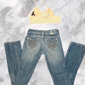 MEK Denim Acapulco Embroidered Bootcut Jeans Y2K Low Rise Distressed Size 24